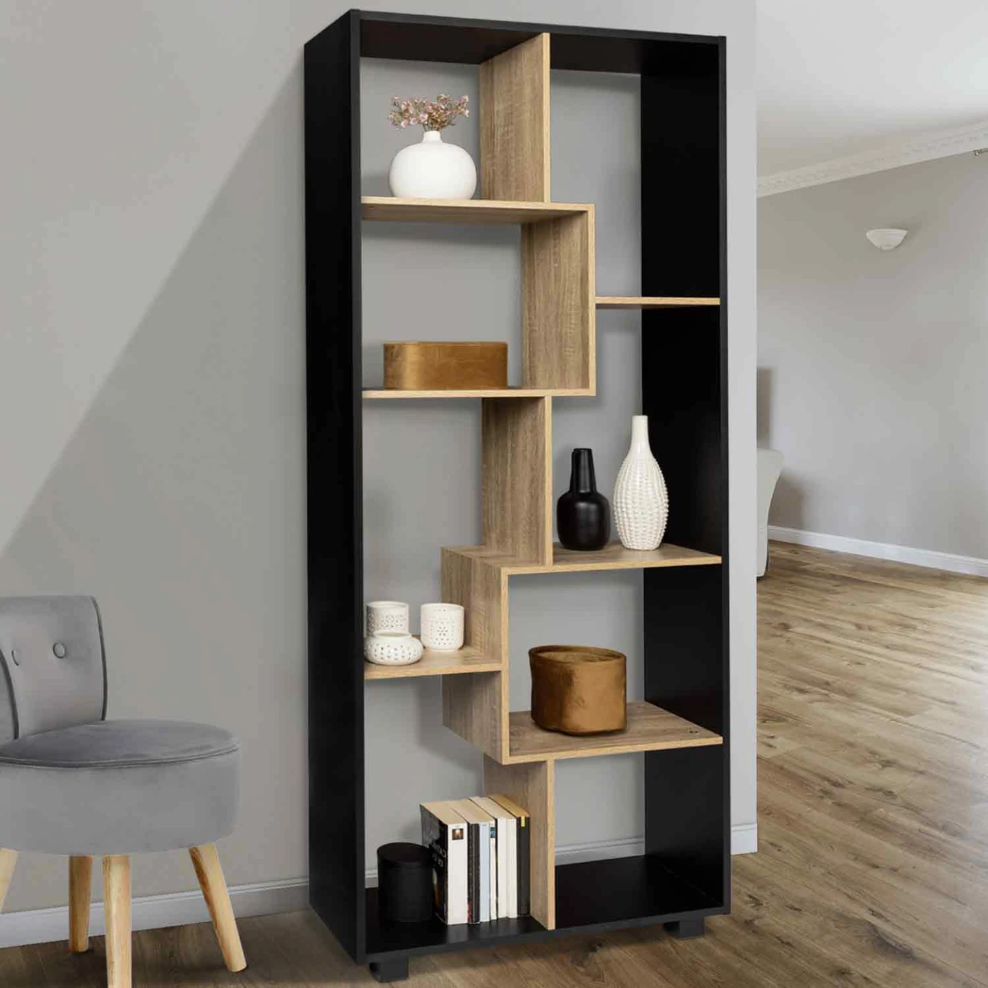 Etagère à double position TANIA bois noir et imitation hêtre L 161 cm