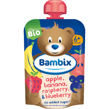 Bambix Knijpzakje Appel, Banaan, Framboos & Blauwe Bes Bio 6M+ 100g