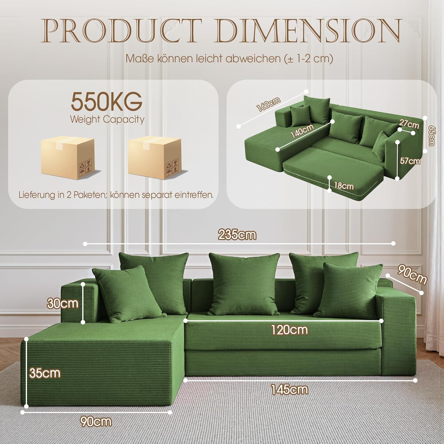 YINIX Modulares Ecksofa 235cm L-Form, Wolkensofa mit Schlaffunktion, Cord Wohnlandschaft mit Metallrahmen, 3 Sitzer Couch Tiefe Sitzfläche, Breite Recamiere, rutschfest, Pflegeleicht (Grün)