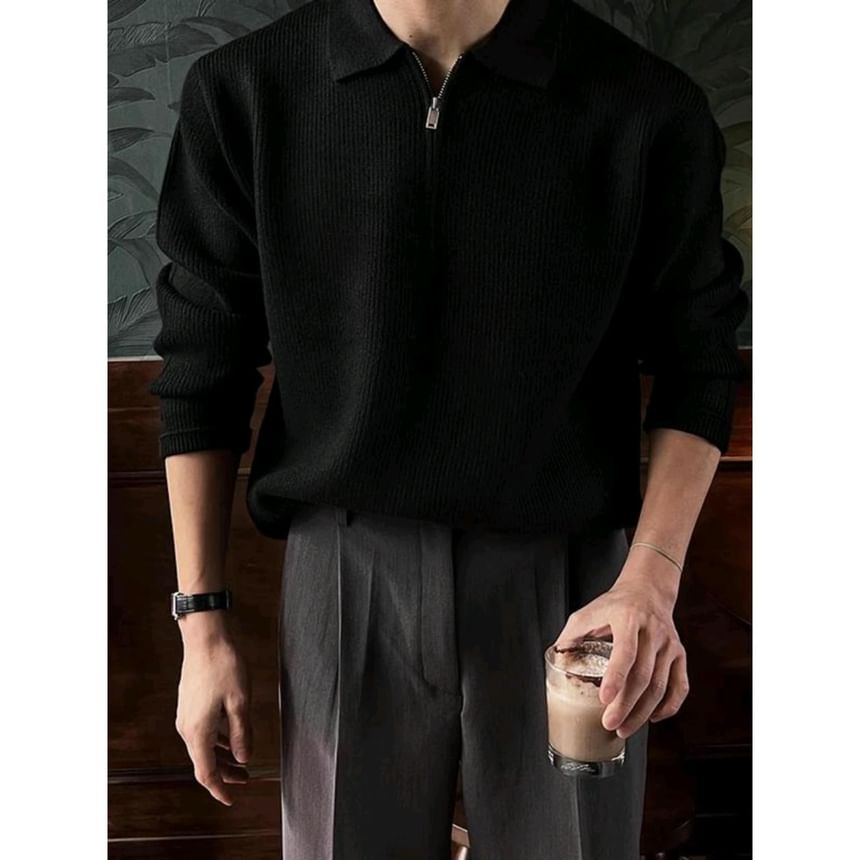 Nightbell - Poloshirt met lange mouwen en halve rits in effen breisel