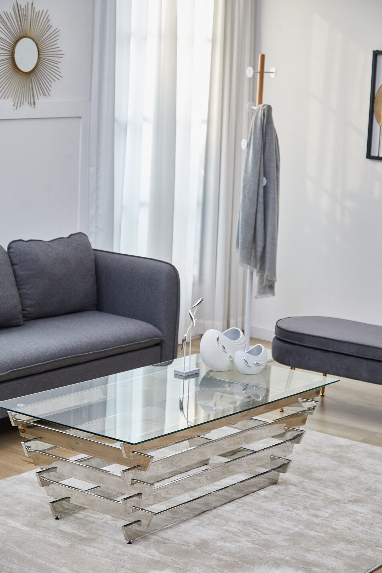 Couchtisch 130x70cm silber Sofatisch Glas Tisch Beistelltisch Wohnzimmertisch