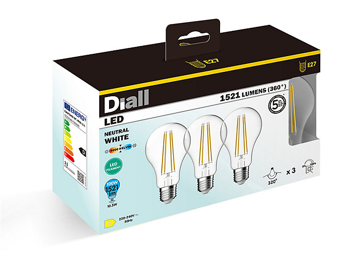 Lot 3 ampoules LED à filament GLS E27 1521lm 10.5W = 100W Ø7cm IPX4 Diall blanc neutre