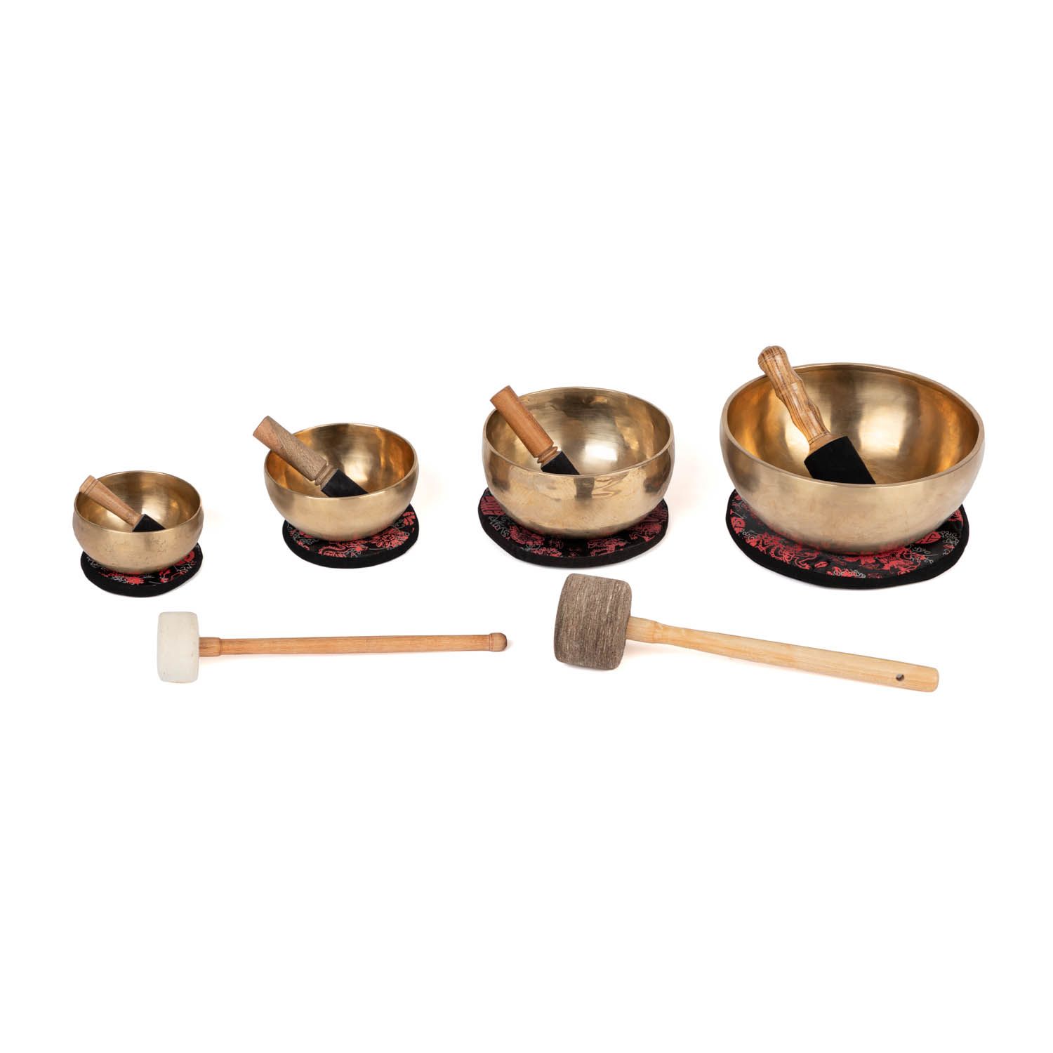 bodhi Klangschalen-Set, bestehend aus 4 Klangschalen inkl. 4 Kissen, 4 Holzklöppeln & 2 Filzklöppel