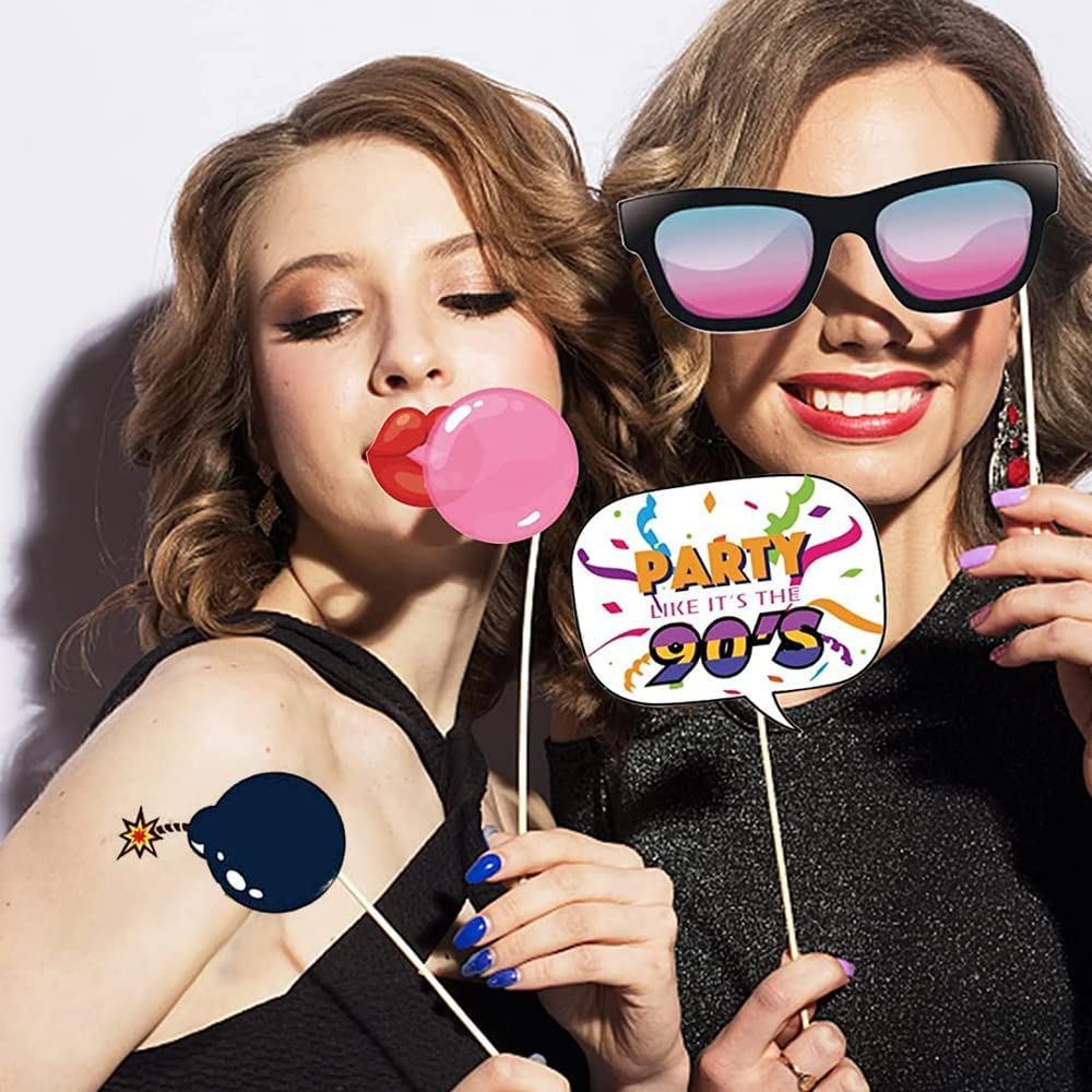 (30er Set) Photo Booth Fotorequisiten 90er Jahre Party Foto Accessoires Deko für lustige Bilder - Throwback