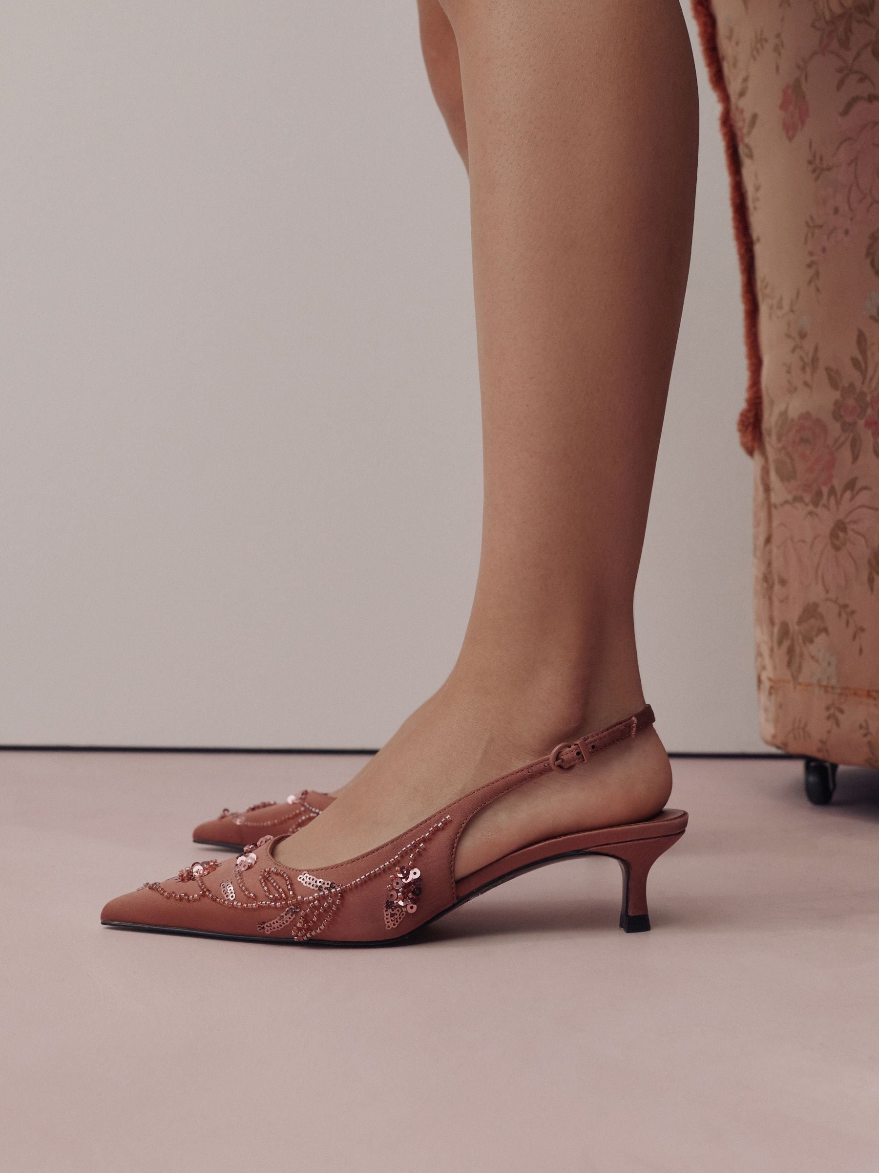 Roze - Forever Comfort Satin Beaded Slingback Kitten Heels