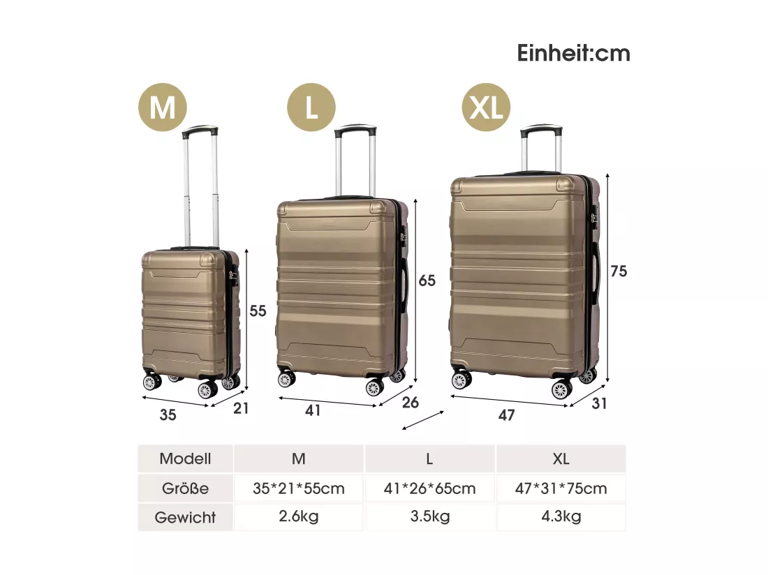 Bagage à main à coque rigide, valise avec serrure TSA et roue universelle, extensible, poignée latérale, ensemble 3 pièces