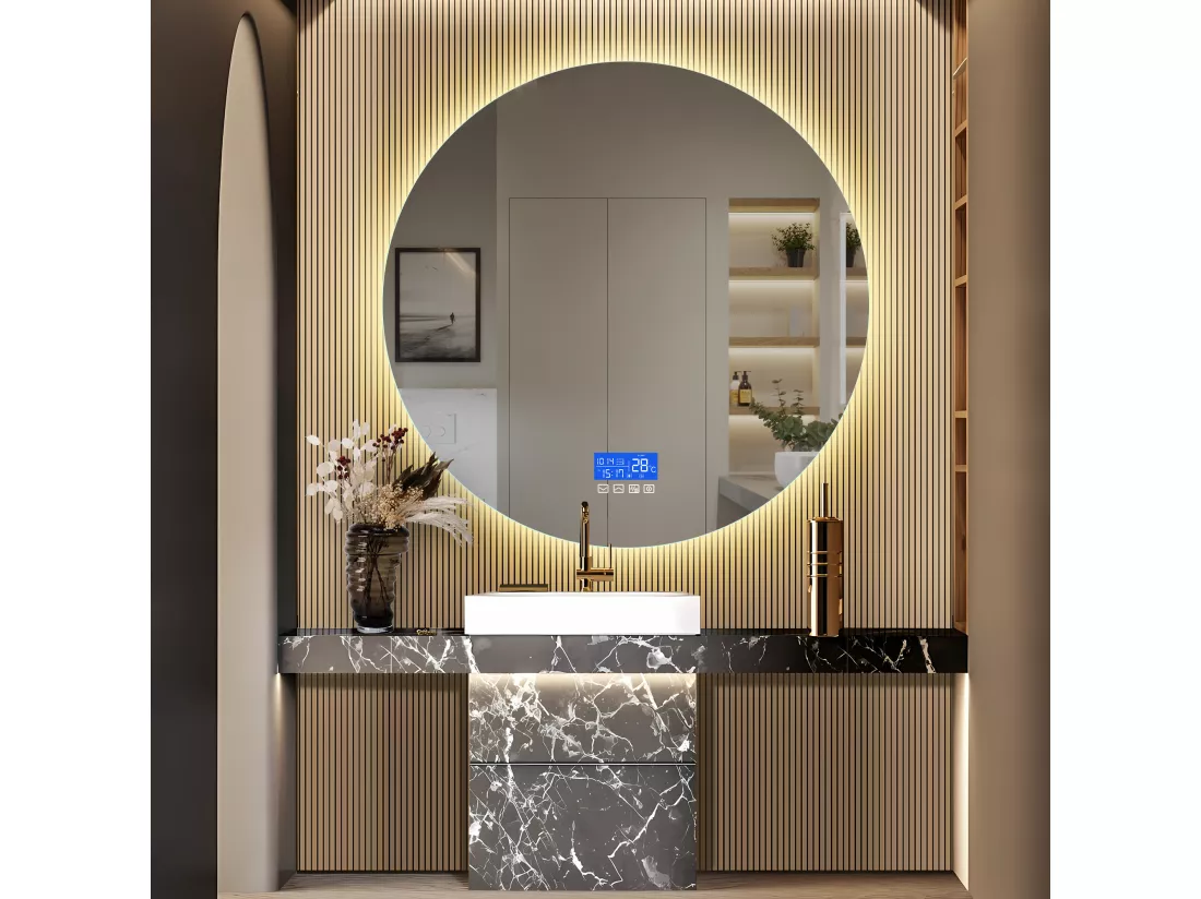 Miroir de salle de bain désembué sans cadre affichage de la température, 3 niveaux de luminosité, rond, diamètre 100cm
