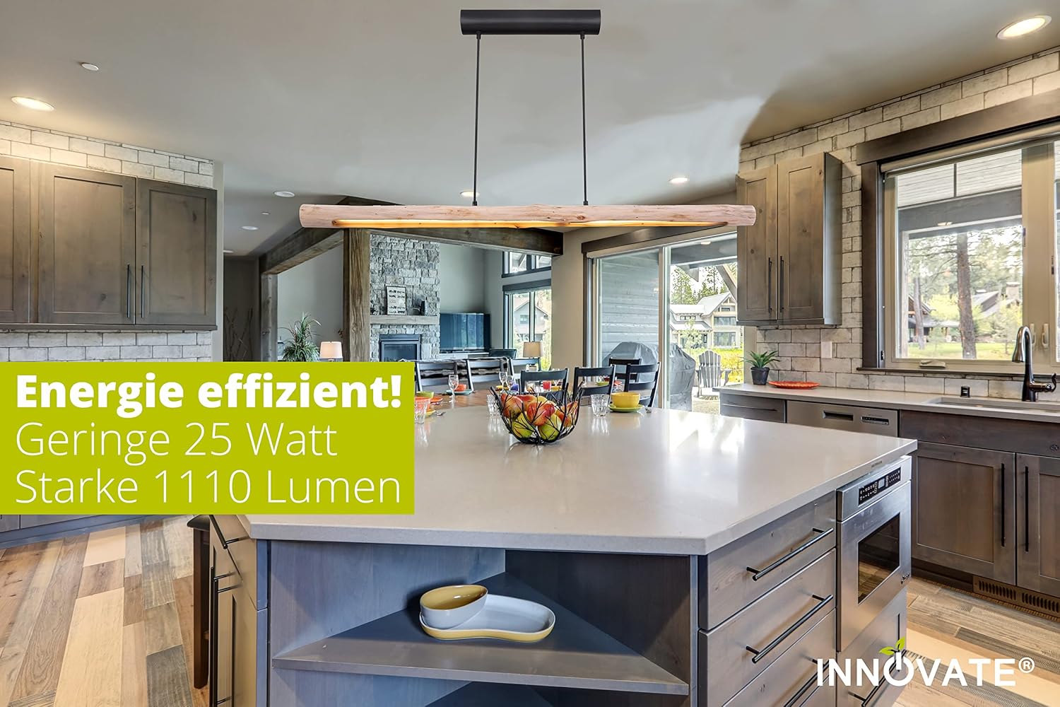 INNOVATE LED Pendelleuchte Holz 3 Stufen dimmbar ohne Dimmer – 120cm breite Hängelampe Holzbalken Rustikal - 3000K warmweiß Pendellampe Alu schwarz – 3 Step Dim Retro Hängeleuchte