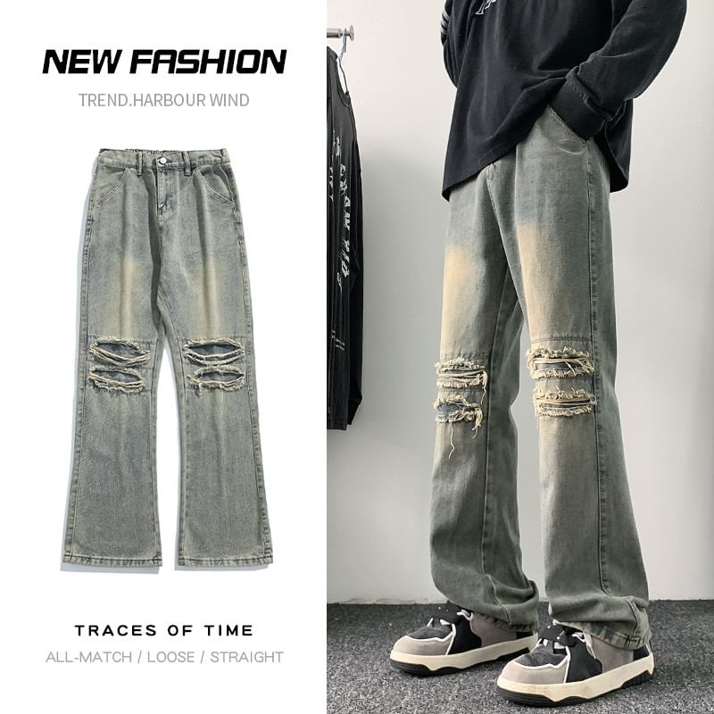 Fushet - Mid Rise Washed Distressed Flared Jeans