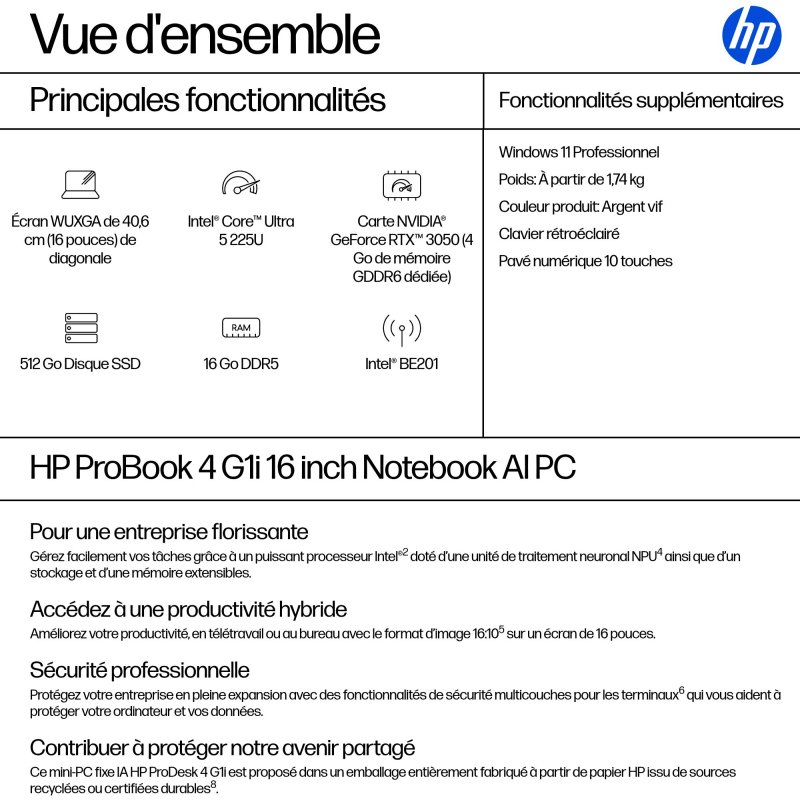 HP ProBook 4 G1i AI Intel Core Ultra 5 225U Ordinateur portable 40,6 cm (16