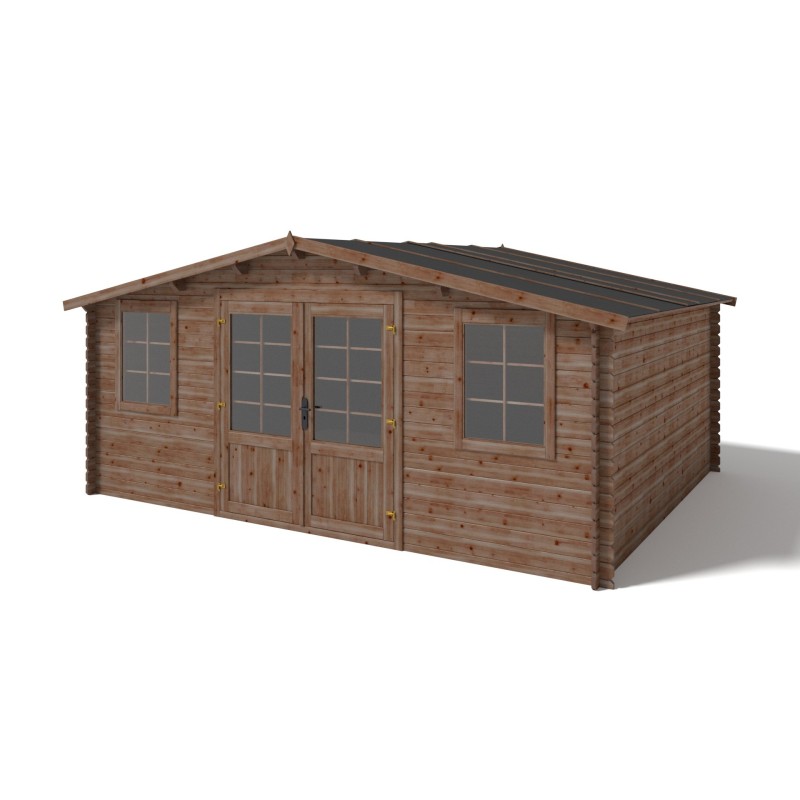 Abri de jardin en bois - 5x4 m - 30 m2 + terrasse avec balustrade et avant-toit en bois - traité