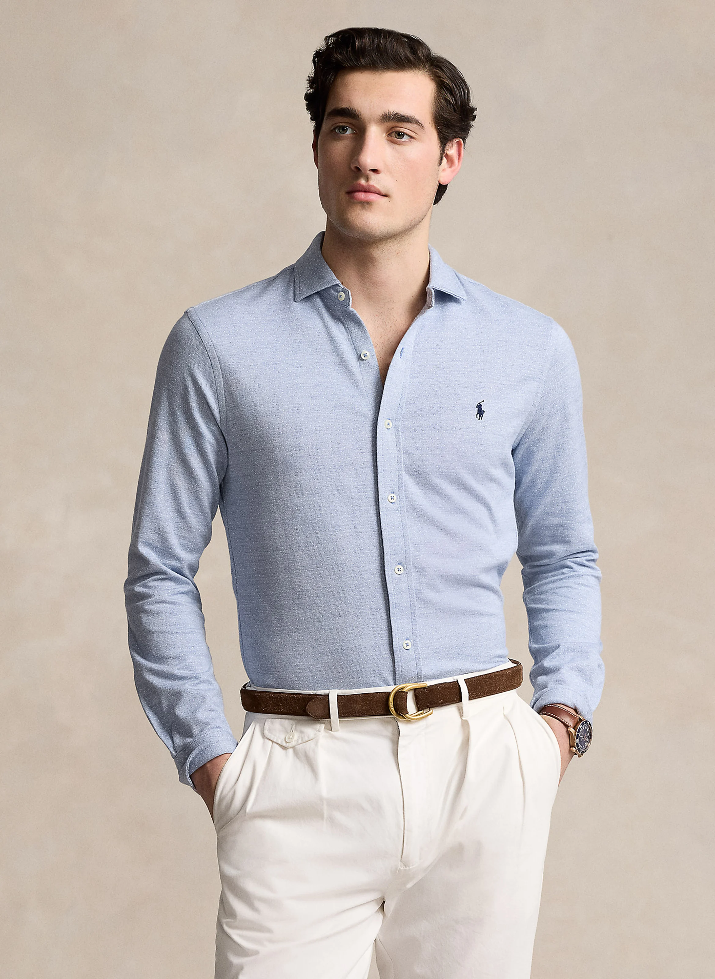 Chemise droite col italien en coton | Bleu
