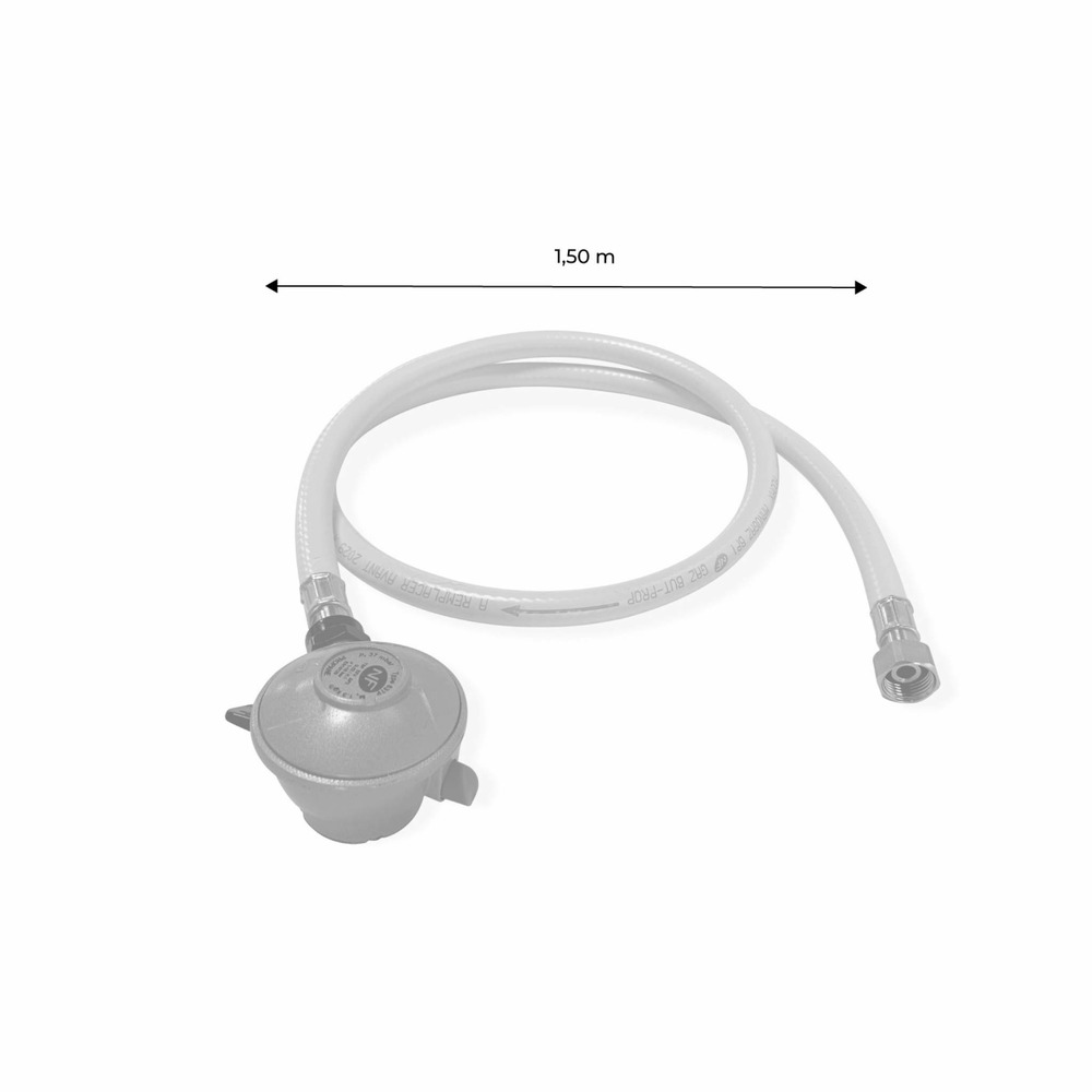 Kit tuyau flexible de gaz 1.5 m à embouts mécaniques + détendeur quick-on ø20mm propane 37mbar 1.5kg/h. Raccord rapide – normes nf