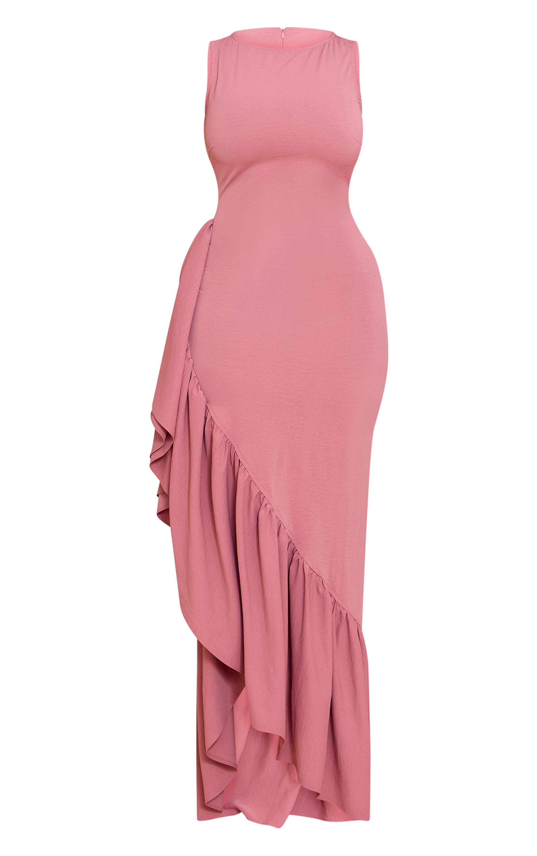 Rose Robe Maxi Moulante En Tissu Stretch À Encolure Bateau Avec Fente Latérale Et Volant