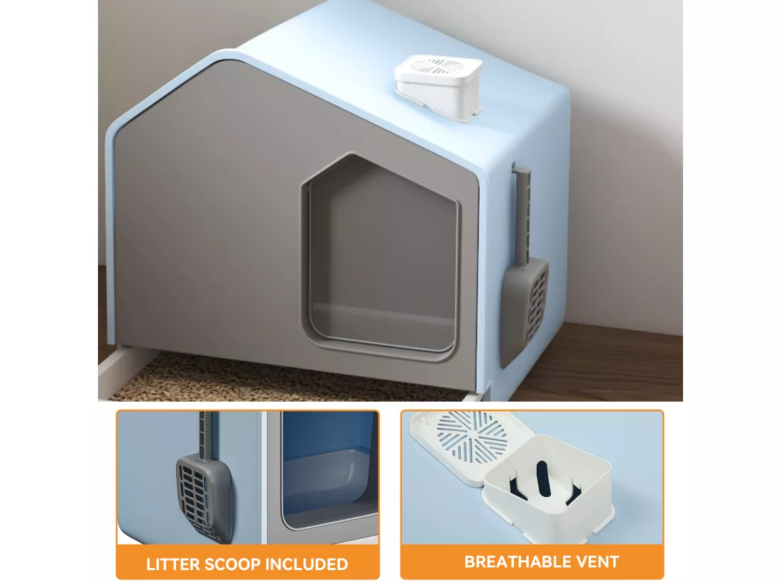 YITAHOME Bac Litiere pour Chat - avec Capuche Scoop - Bac à Litière Couvert Côtés Hauts - Bleu