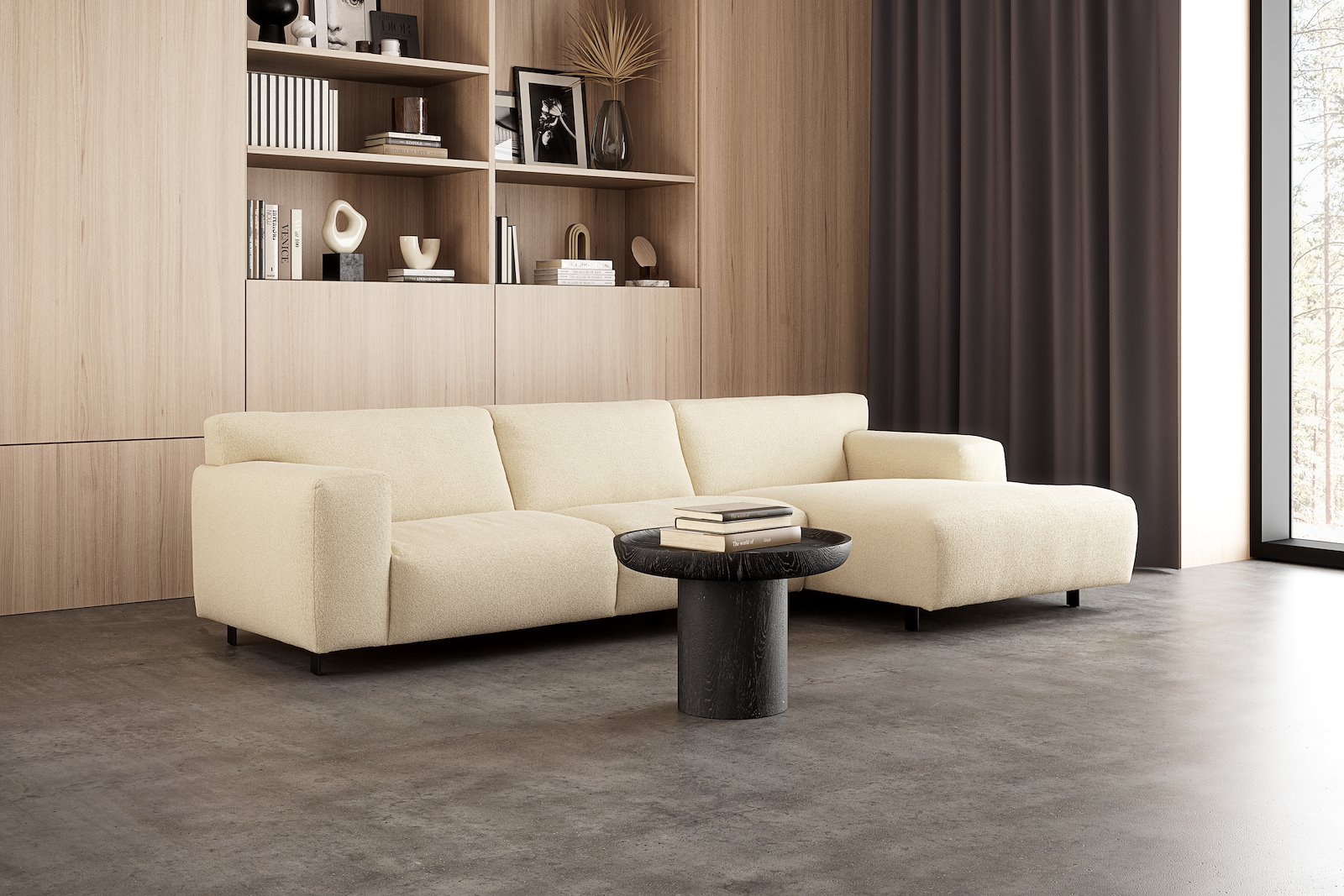 Vesta 2,5-seter med sjeselong høyre I Tekstil Gianni Cream, standardsøm, sort metallben 10 cm, Comfort CM