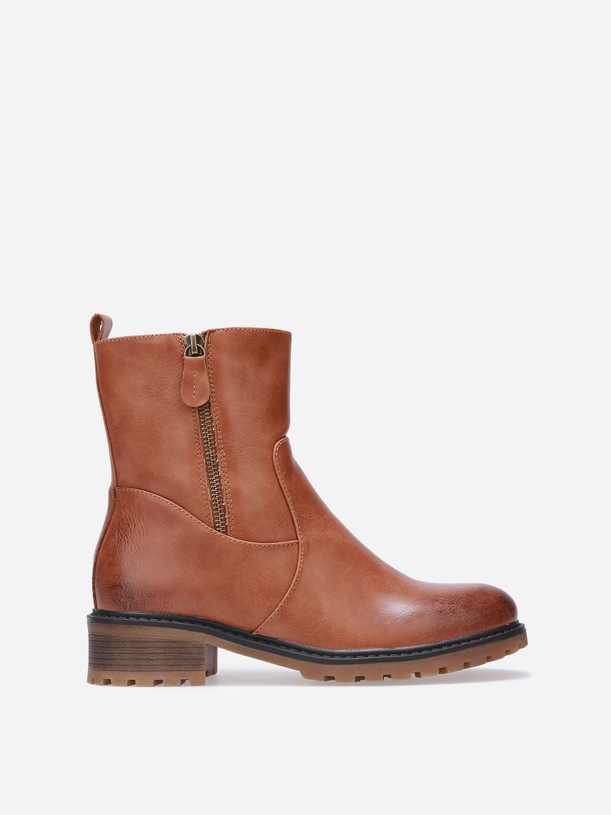 Bottines à empiècements et zip décoratif- Camel