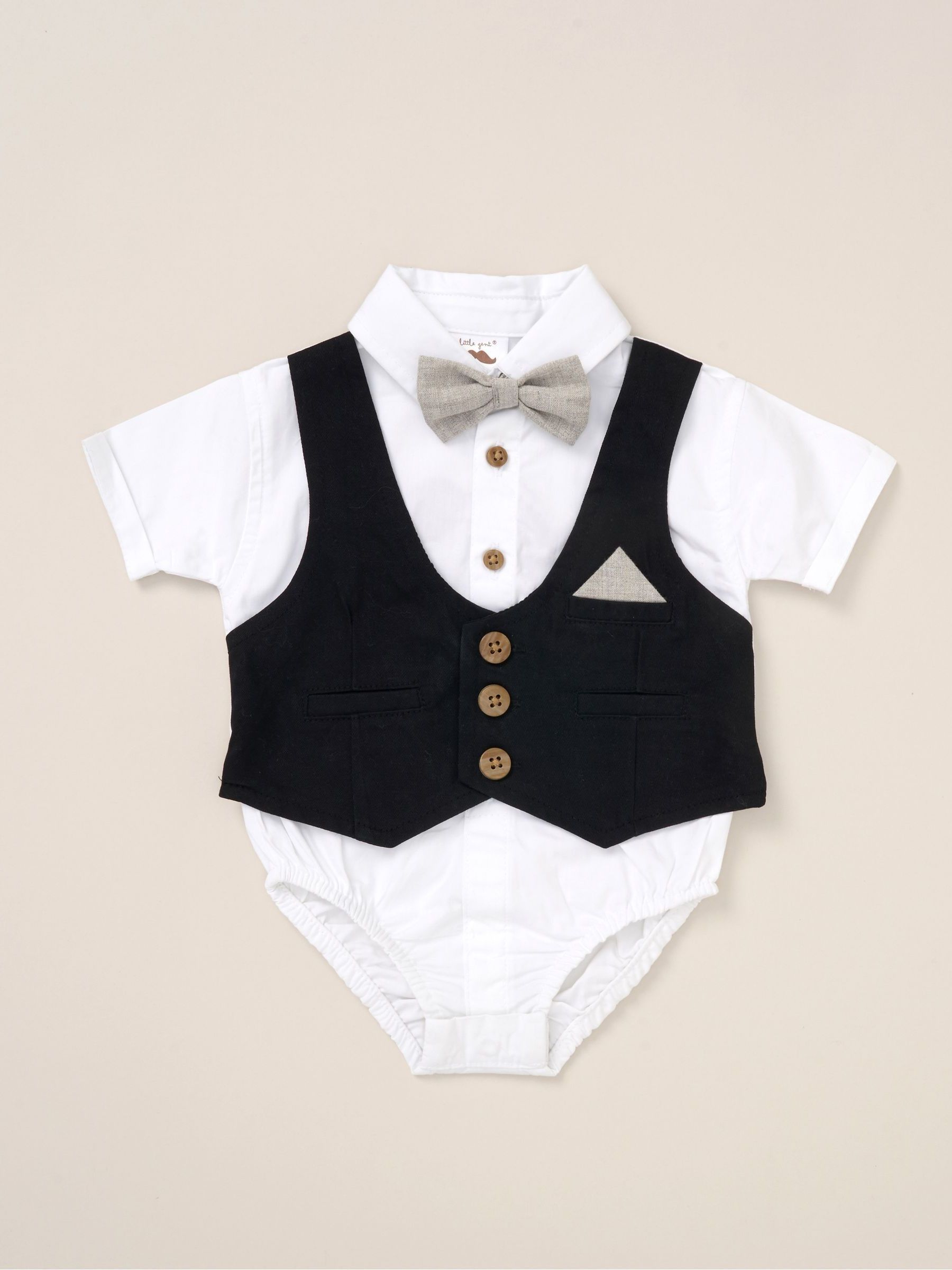 Zwart - Little Gent 100% Cotton Bodysuit Shirt with Mock Waistcoat Shorts and Bowtie Outfit Set