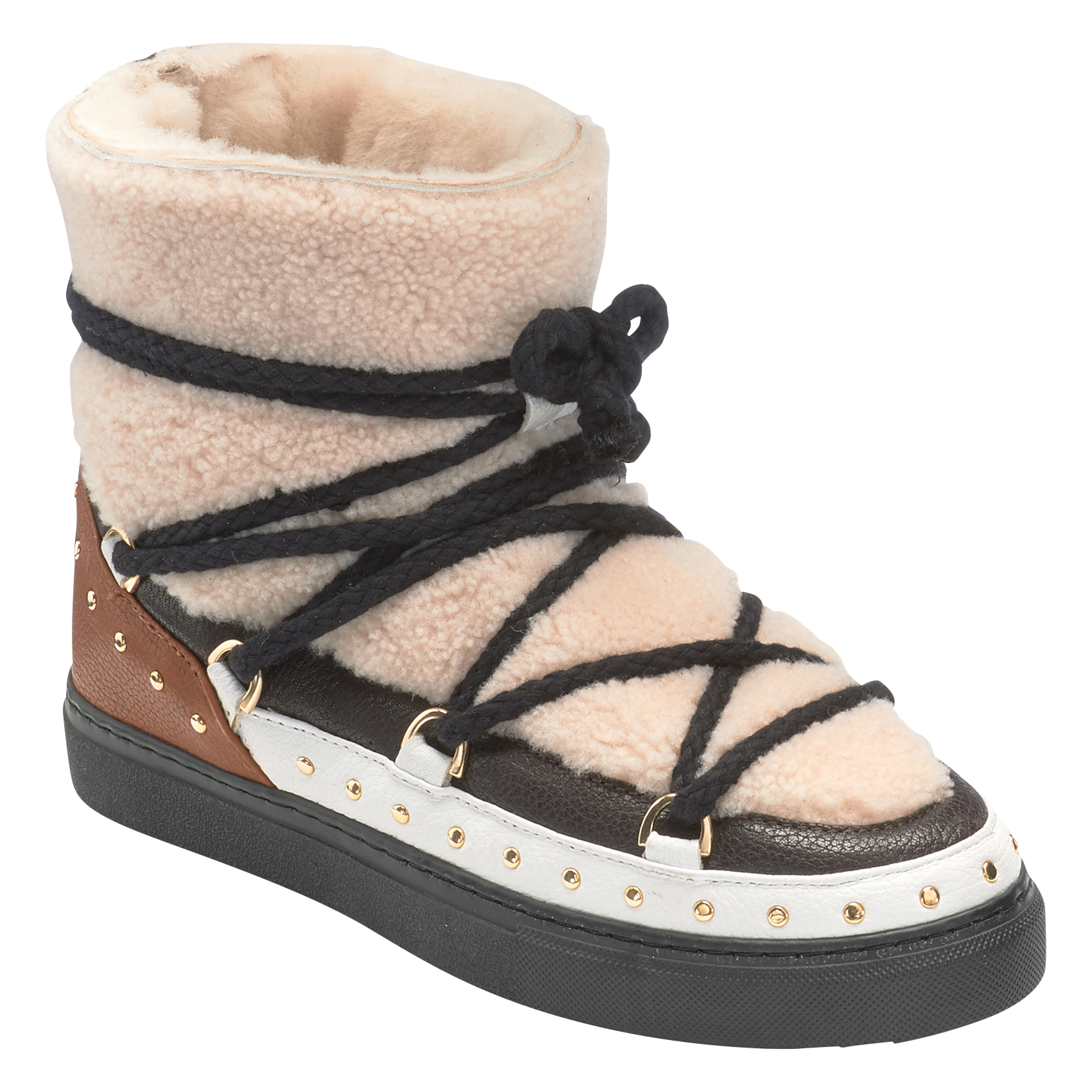 CURLY ROCK - Bottines fourrées bi matière à clous| Beige