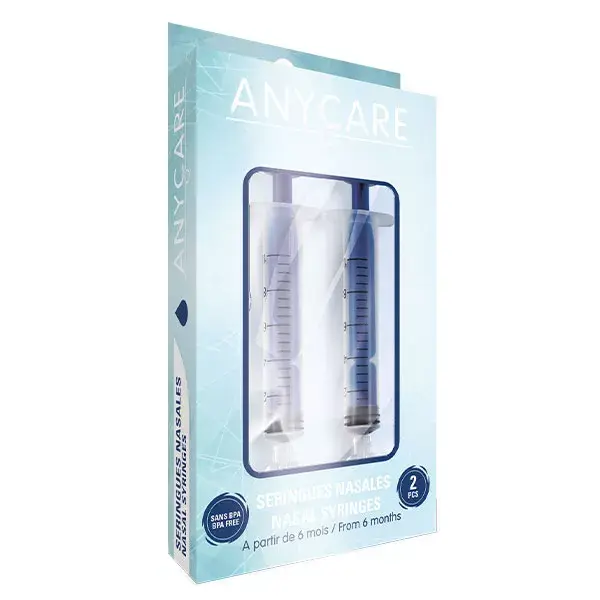 Seringa de sucção nasal Anycare, azul, pacote com 2 unidades
