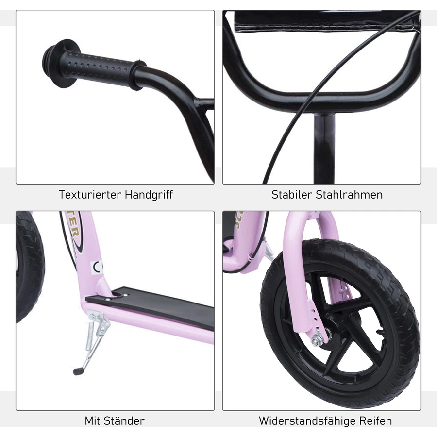 HOMCOM Kinderroller Anti-Rutsch Trittfläche, Metallfahrradständer zum Parken, pink