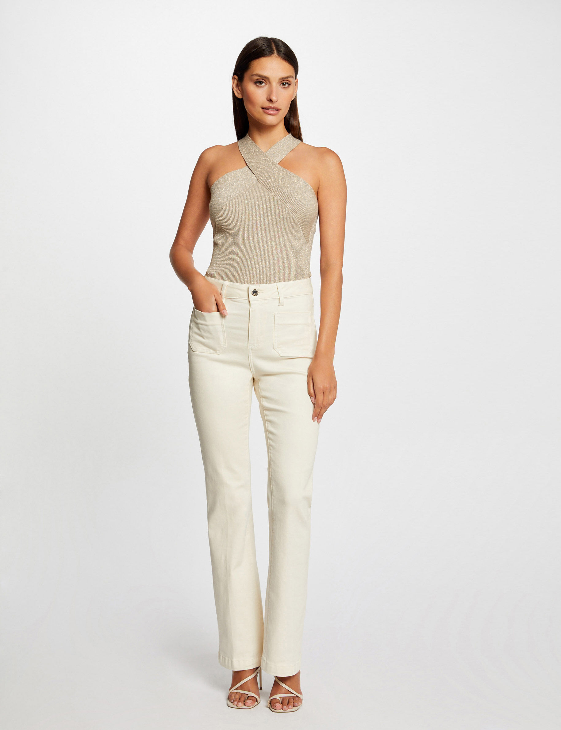 Débardeur pull bretelles croisées au col beige clair femme - beige_clair