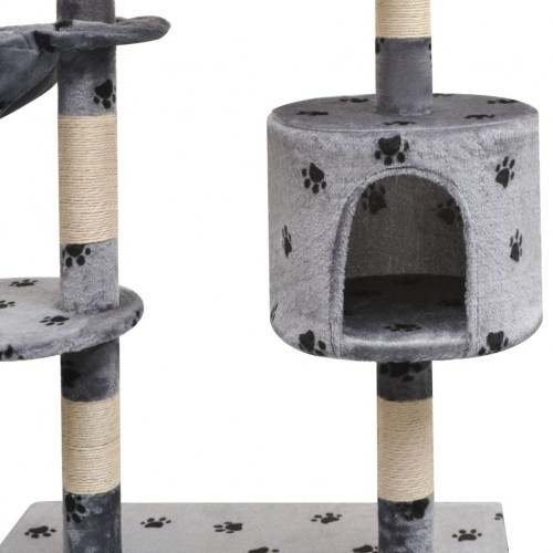 Arranhador para gatos com poste para arranhar, cinza, com pegadas de patas.