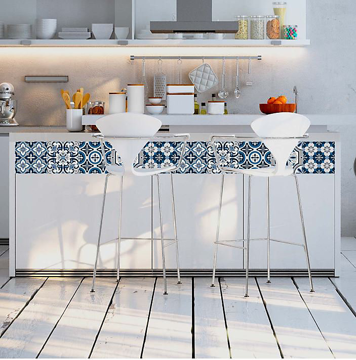 6 bandes adhésives motif Azulejos L.4,8 x H.195 x l.0,4cm - bleu et gris