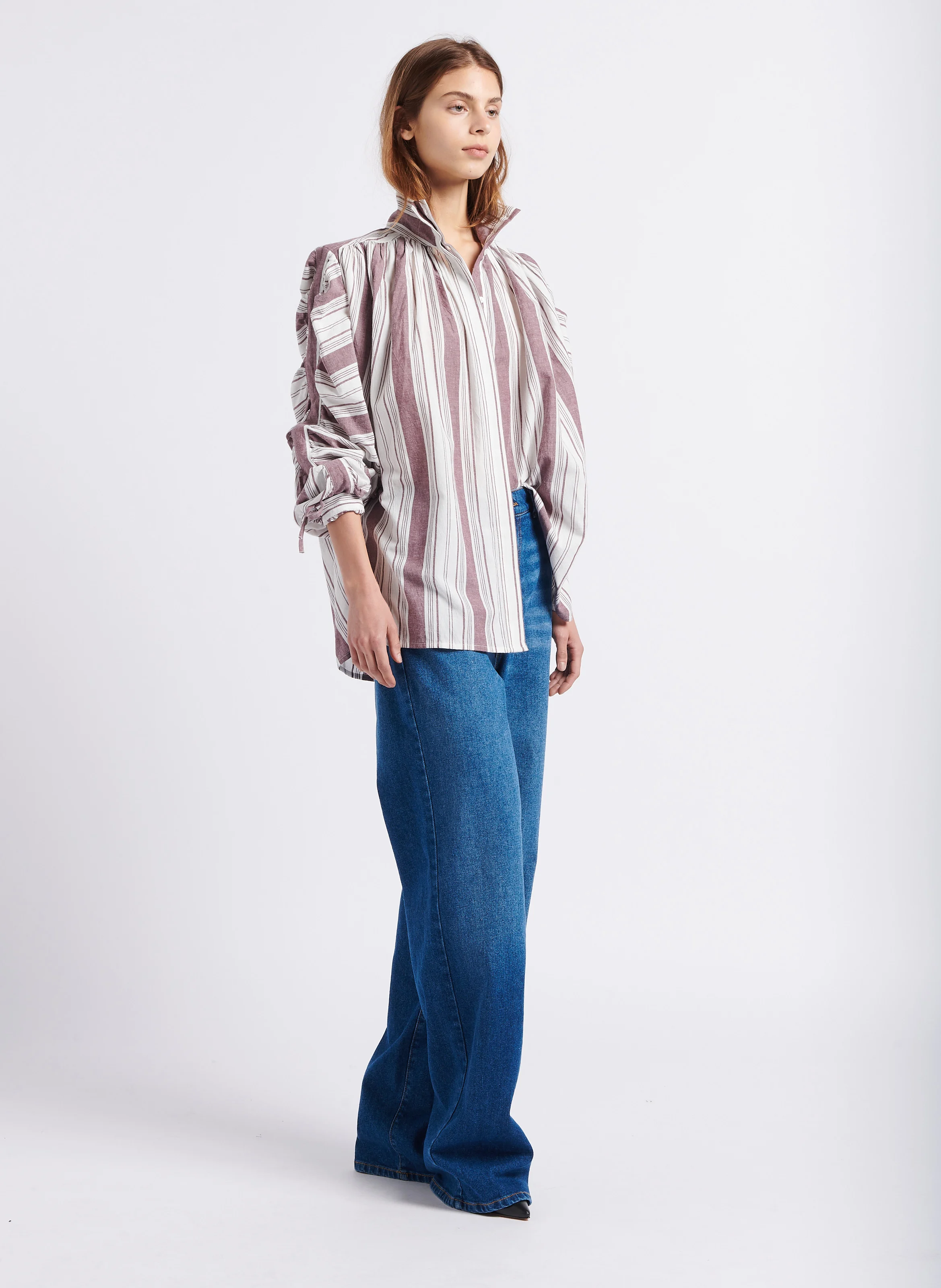 JOY - Chemise rayée col montant en coton | Blanc