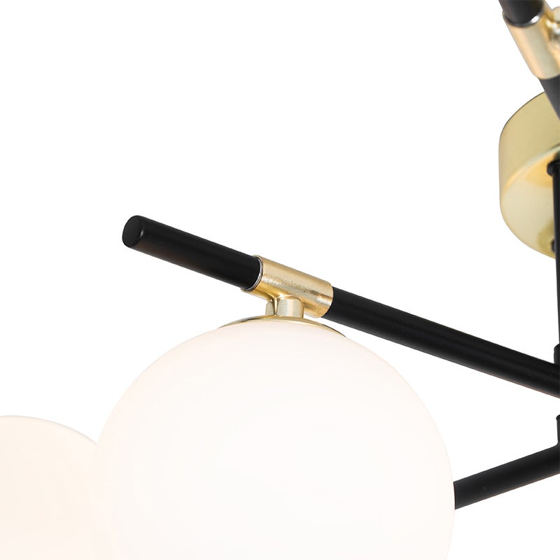 Zwarte plafondlamp met goud en opaal glas, 6 lampen - Lynn