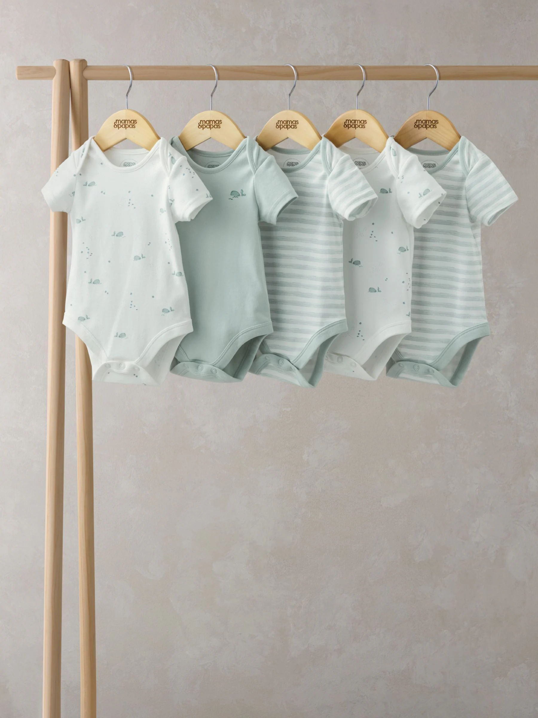 Blauw - Mamas & Papas blauwe 100% katoenen rompertjes met korte mouwen en walvisprint, 5 verpakking