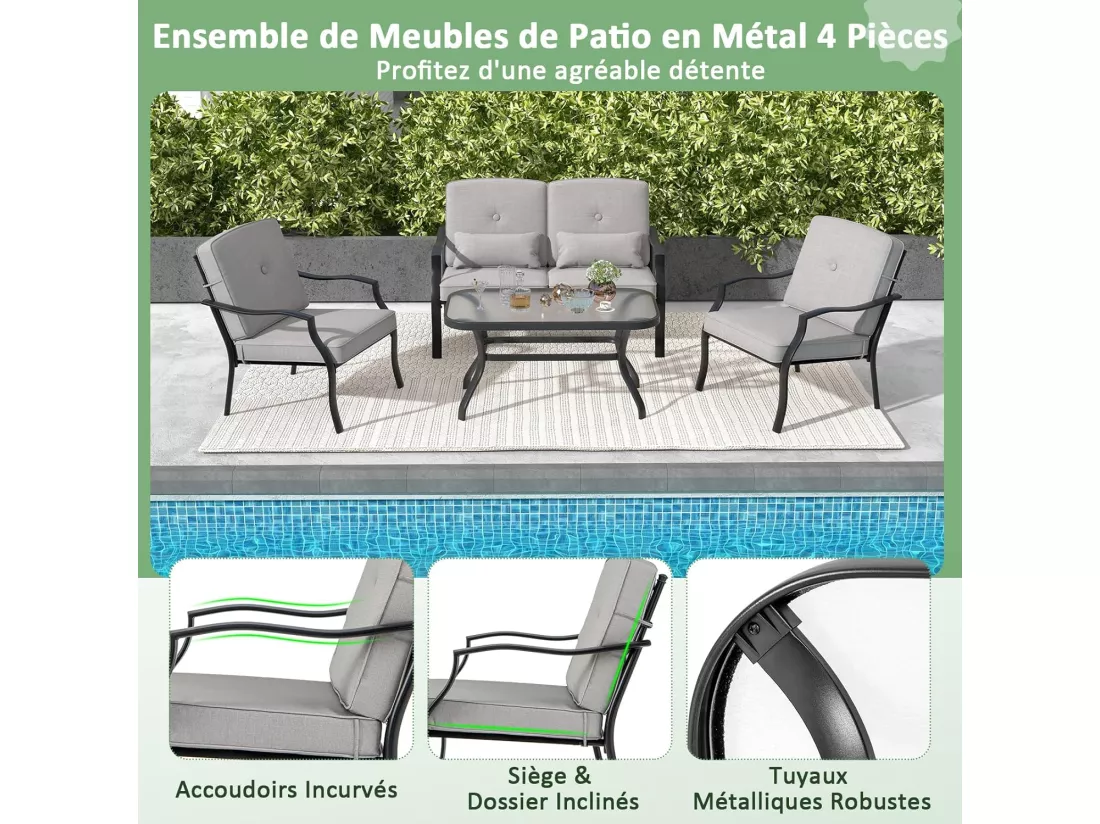 Salon de Jardin 4 Pièces avec Table Basse en Verre Trempé et Coussins Charge 300KG, Ensemble de Canapés de Terrasse avec Cadre Métallique 4 Places, pour Patio Balcon Terrasse