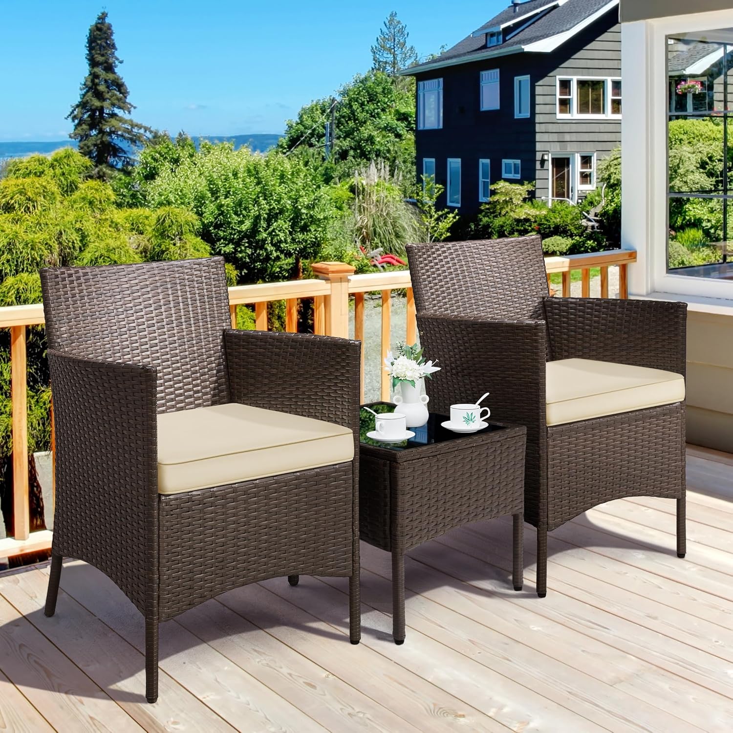 Yaheetech Balkonmöbel Set, Gartenmöbel-Set 3 TLG. inkl. 2 Stühle mit Sitzkissen & Tisch, Terrassenmöbelset Gartensitzgruppe Lounge Set aus PE-Polyrattan für Balkon Terrasse, Braun-Khaki