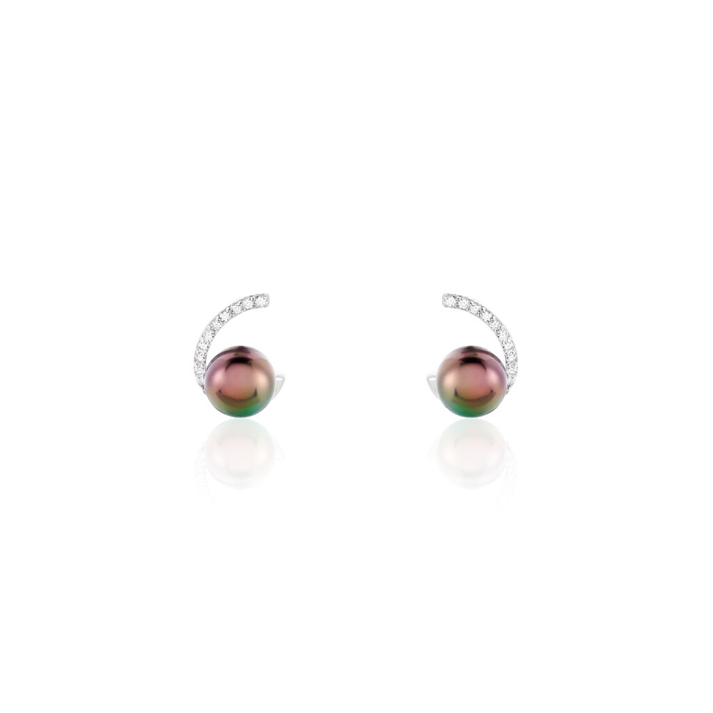 Boucles D'oreilles Puces Anais Or Blanc Perle De Culture Et Oxyde