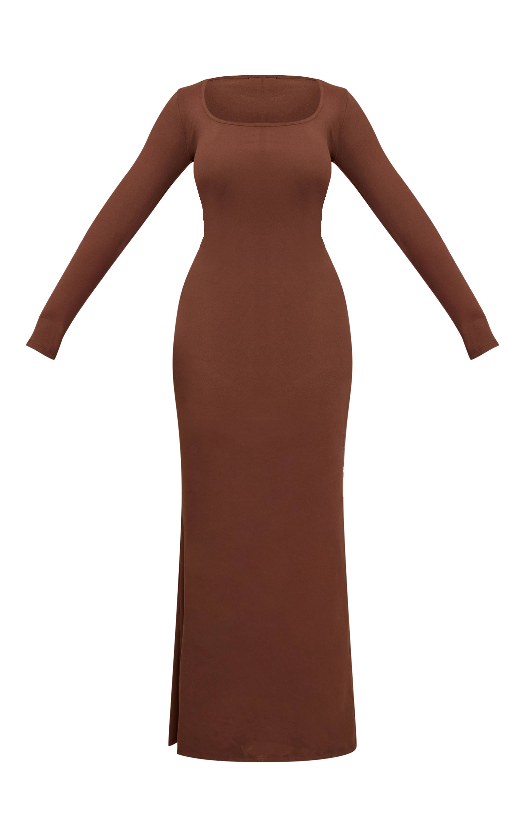 Chocolat Robe Maxi Moulante Col Carré Toucher Doux Shape