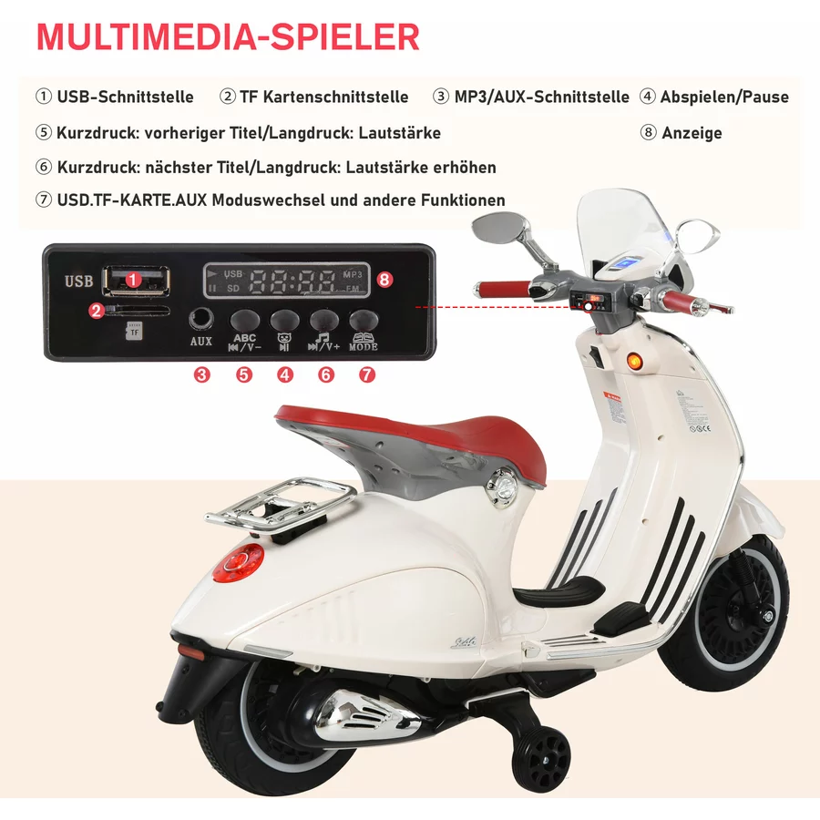 HOMCOM Elektrisches Kindermotorrad als Vespa weiß