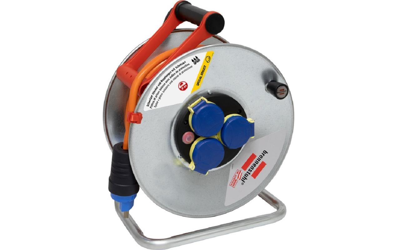 Baustellen-Kabelrolle Garant SK 290 25 m 3x T23<br>Kabeltrommel Garant SK 290, 3x T23 Steckdosen, 25 m langes Kabel, verzinkt mit Überhitzungsschutz und Kontroll-Leuchte