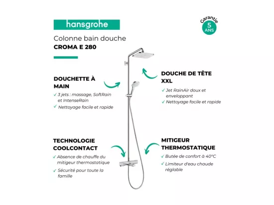 Colonne bain douche thermostatique HANSGROHE Croma E 280 chromée + nettoyant Briochin