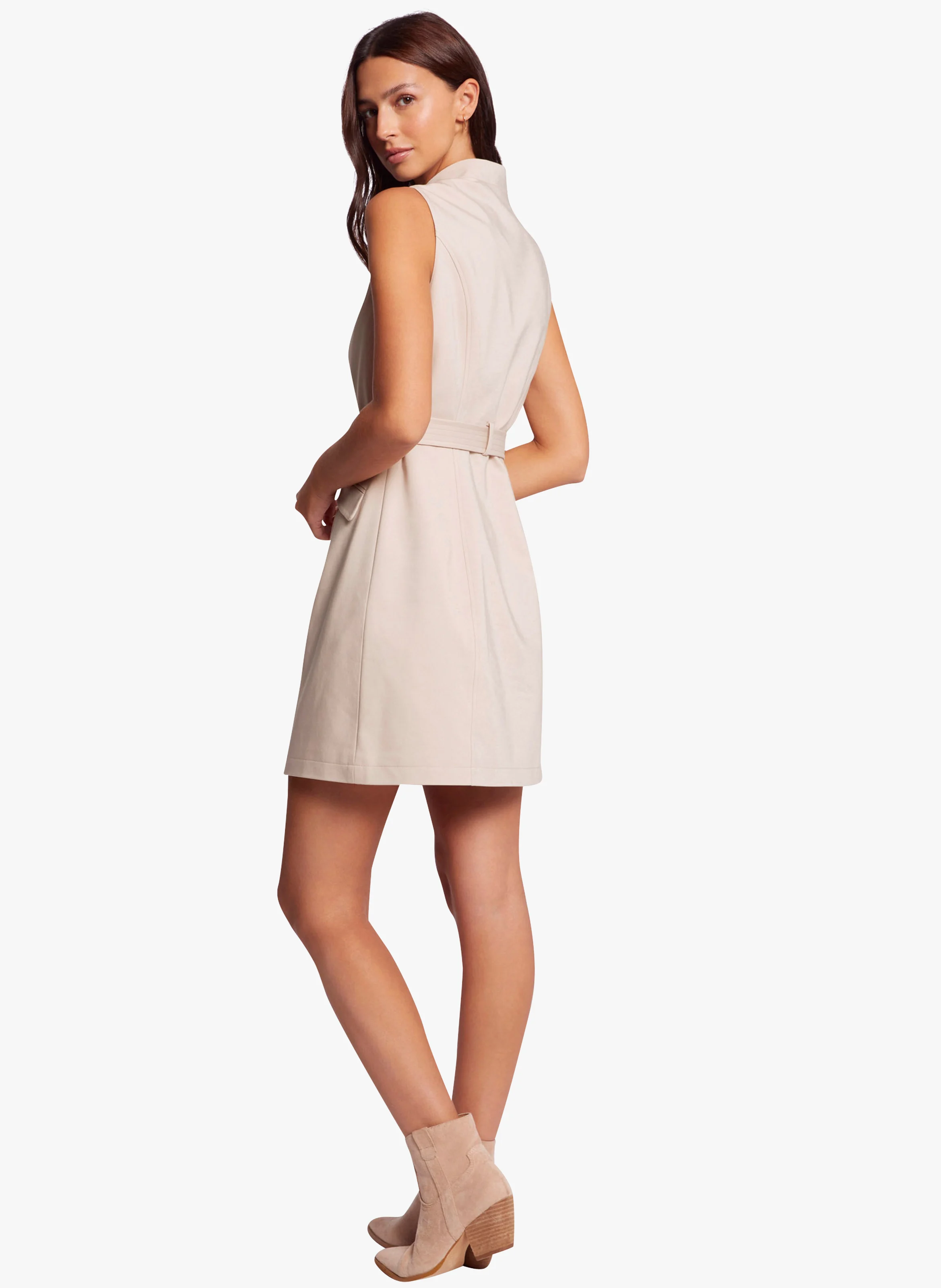 ROMEA - Robe courte col rond en coton mélangé | Beige
