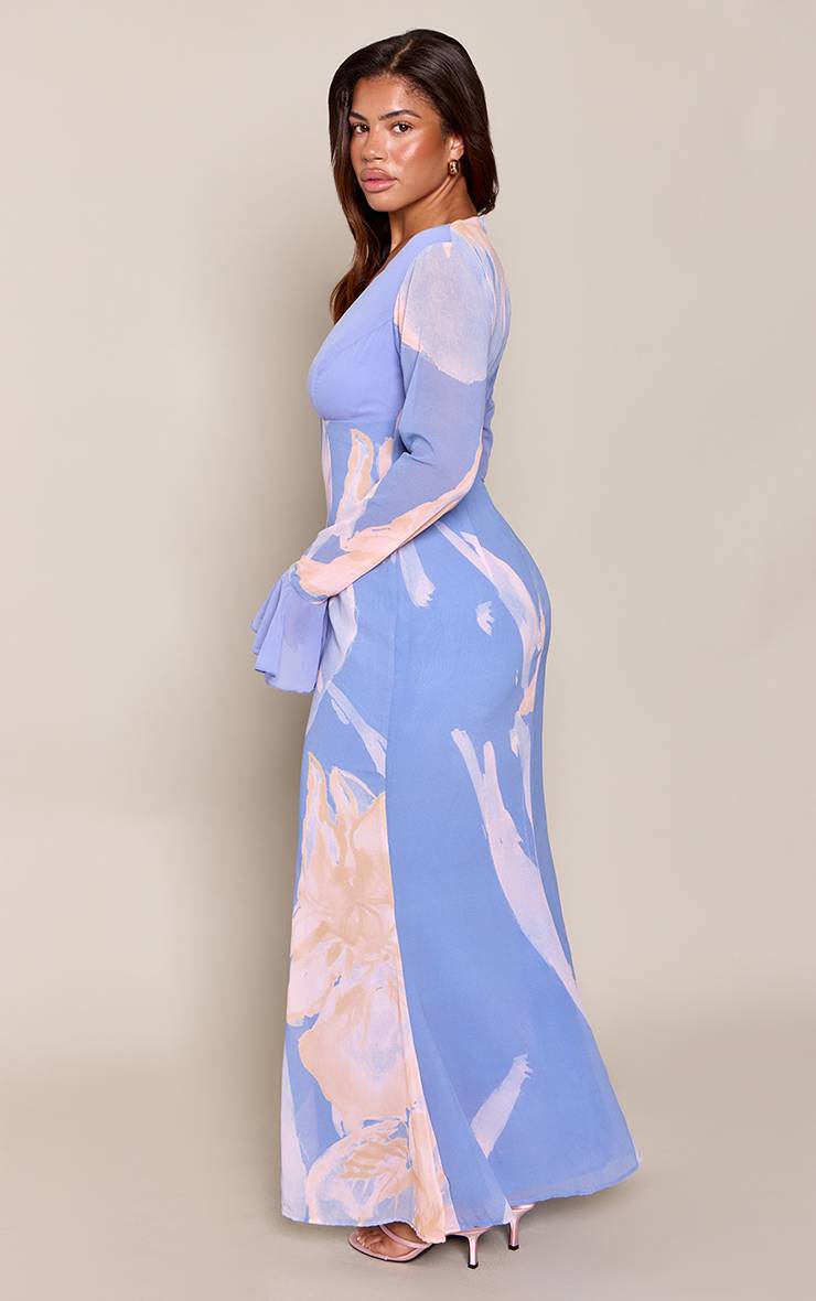 Bleu Robe Maxi À Décolleté Plongeant Avec Manches Évasées Et Imprimé Floral Ajustée