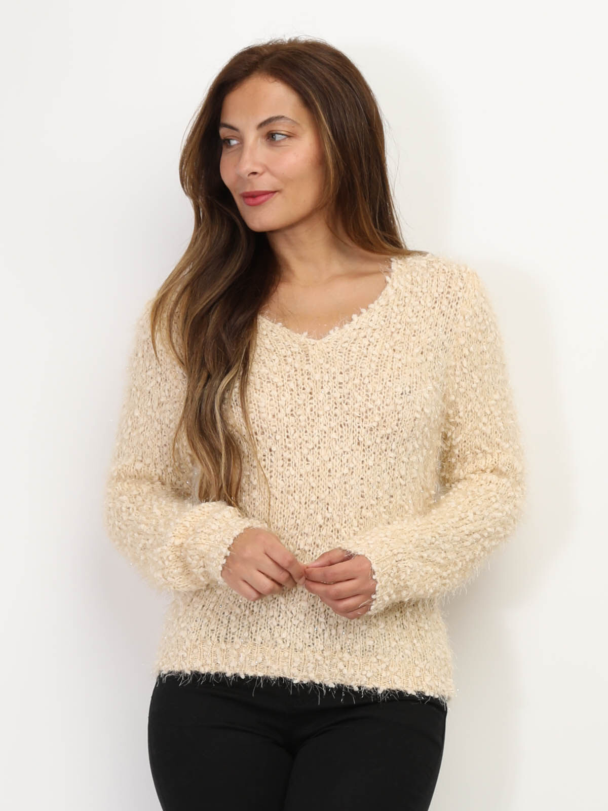 Pull duveteux avec fils brillants- Beige