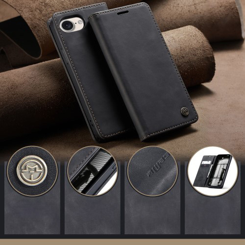 iPhone 16e Leder Tasche Flip Wallet Etui mit Kartenfächern - Schwarz