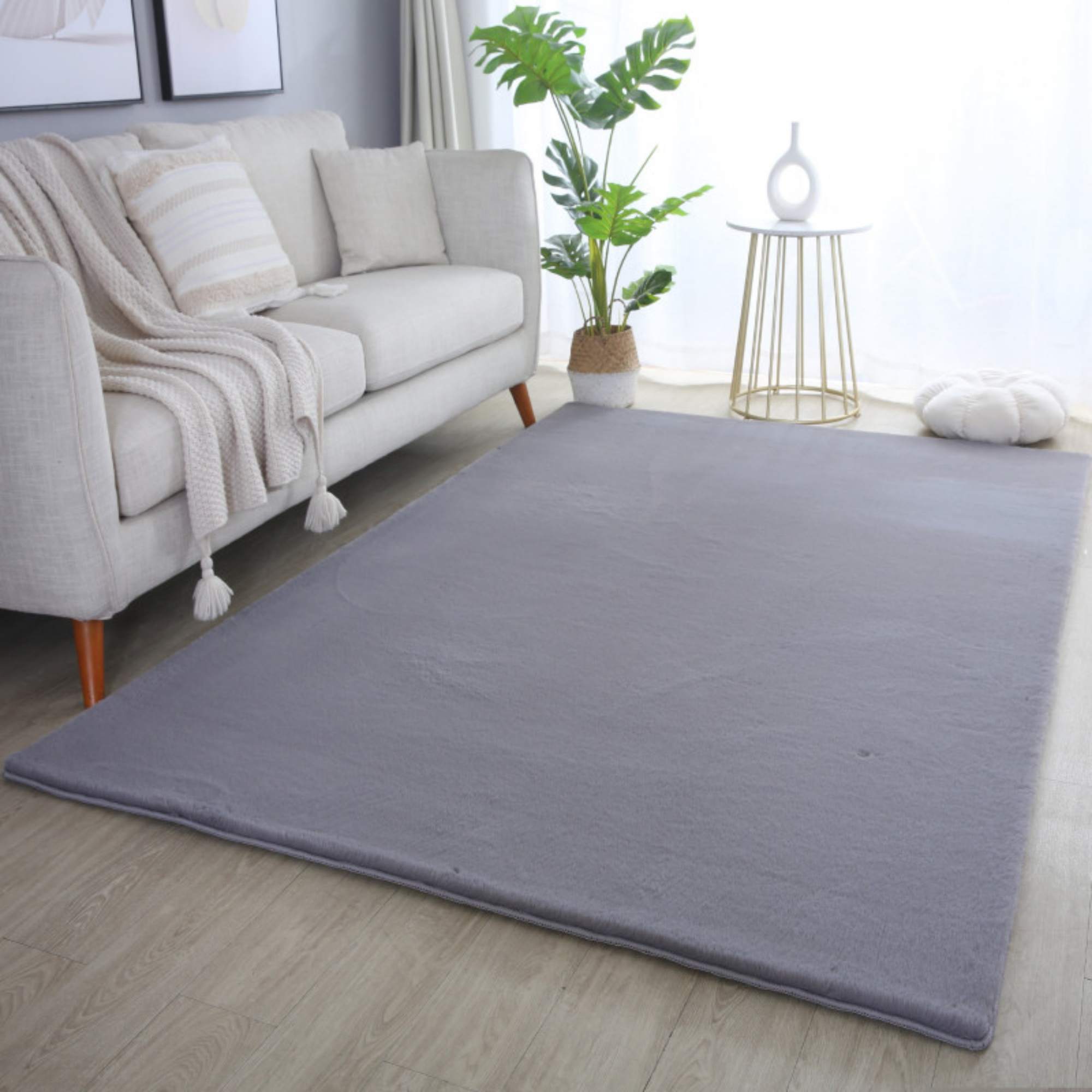 Weicher Hochflor Teppich Wohnzimmer Einfarbig, Felloptik, Flauschig, Rutschfest,