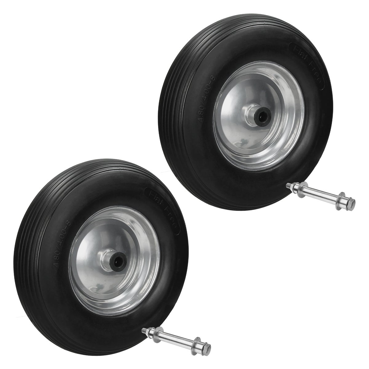 ECD Germany 2-delige set kruiwagenwielen van lekvrij massief PU-rubber, reservewiel met as, 4.80/4.00-8, diameter 390 mm, zwart, 200 kg, band met stalen velg voor kruiwagens en tuinkarren