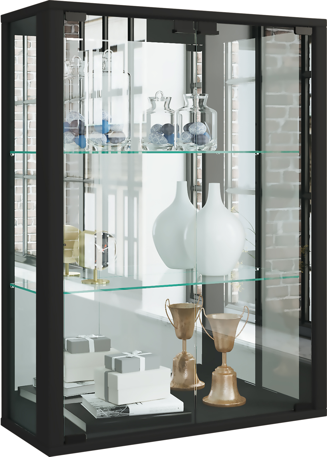 Wandvitrine UDINA - schwarz - Rückwandspiegel - LED-Beleuchtung