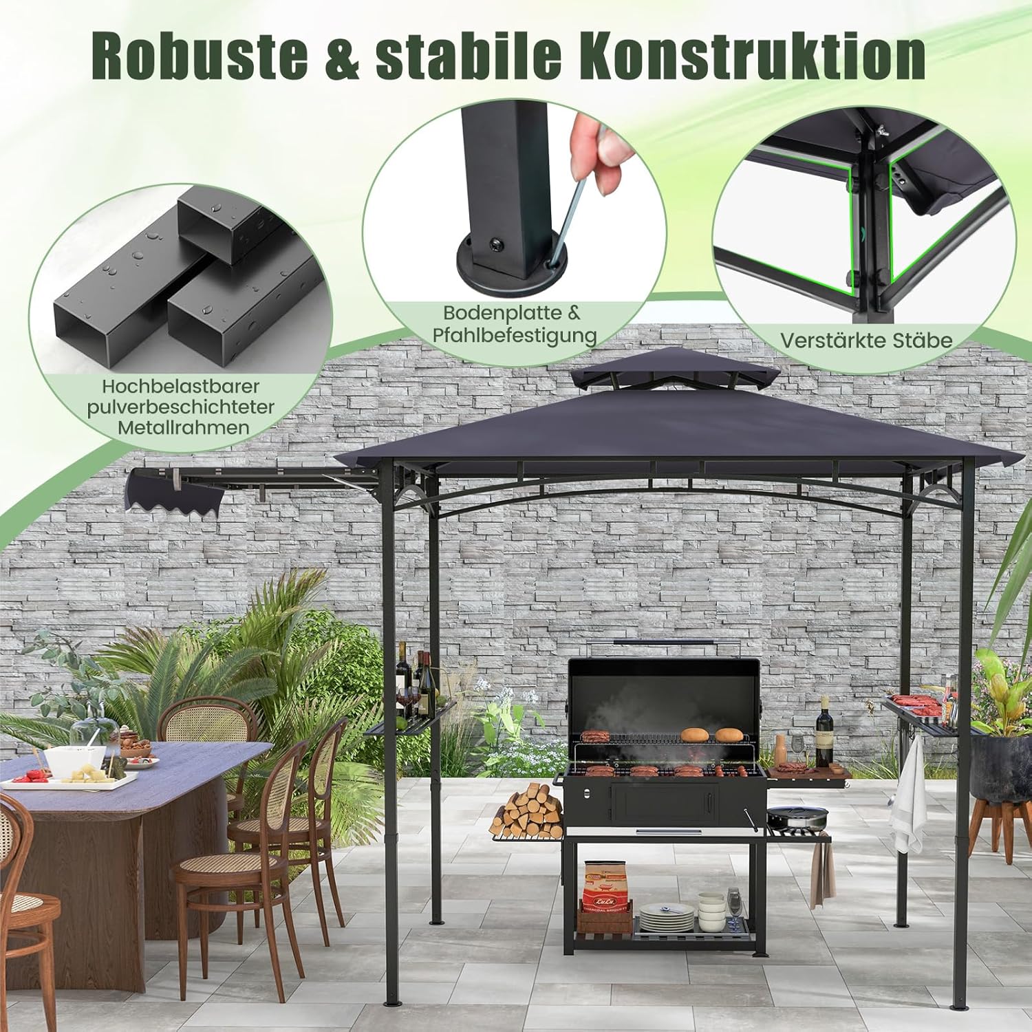 COSTWAY Grillpavillon mit Seitenmarkise, Doppeldach, 2 Seitenregalen & Haken, Gartenpavillon BBQ Pavillon, Grillüberdachungen wetterfest, Grillunterstand Garten Partys, 318x153x250 cm (Dunkelgrau)