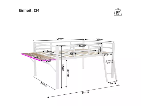 Lit plat en métal 140 x 200 cm, rails, échelle, bureau, bande LED à distance, blanc