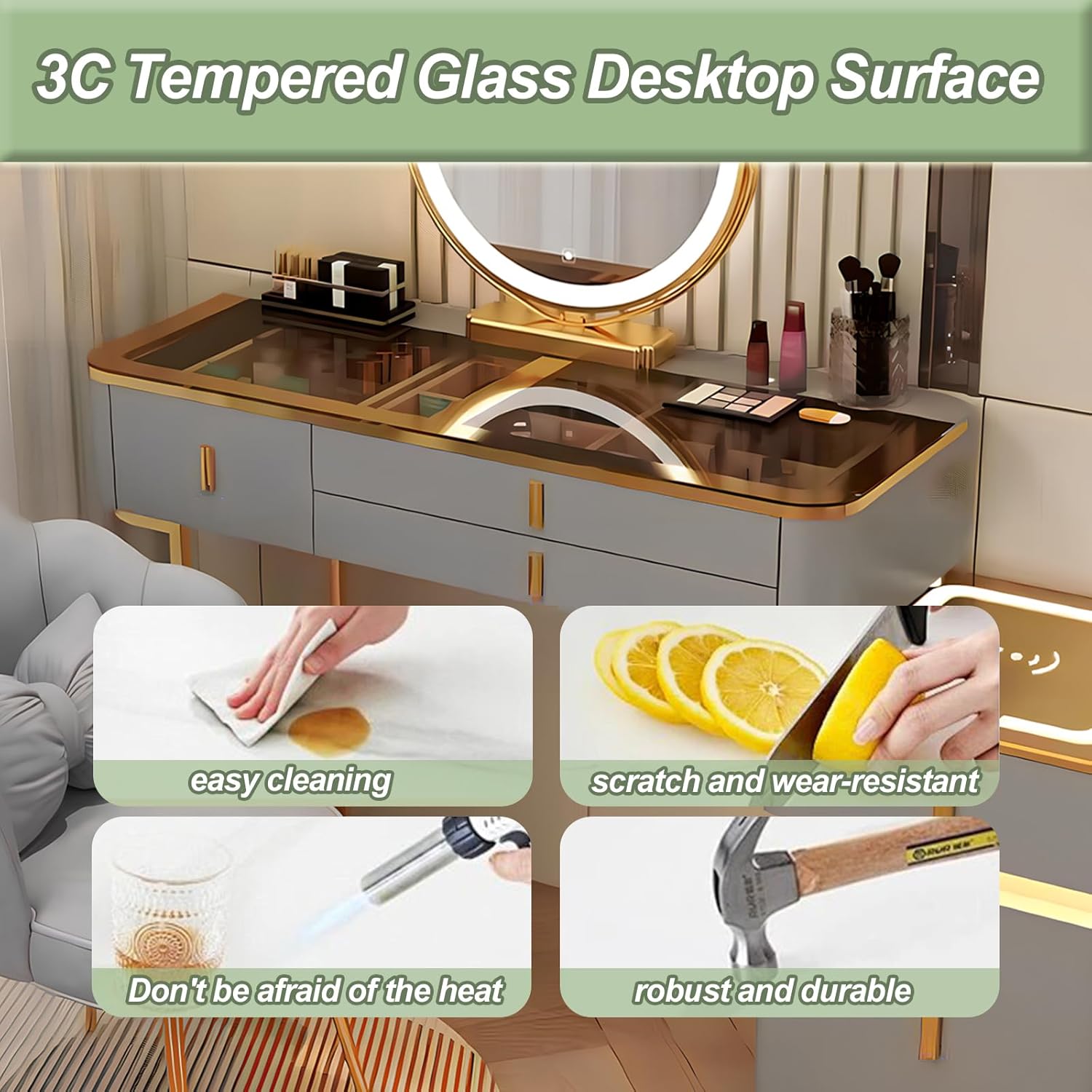 Generisch Große Schminktisch 100CM/80CM, Kosmetiktisch mit Spiegel 3 Einstellbare Helligkeiten, Frisiertisch mit Schubladen und Speichertischbeine Make up Tisch Set Schminktisch (Weiß + Gold, 100cm)