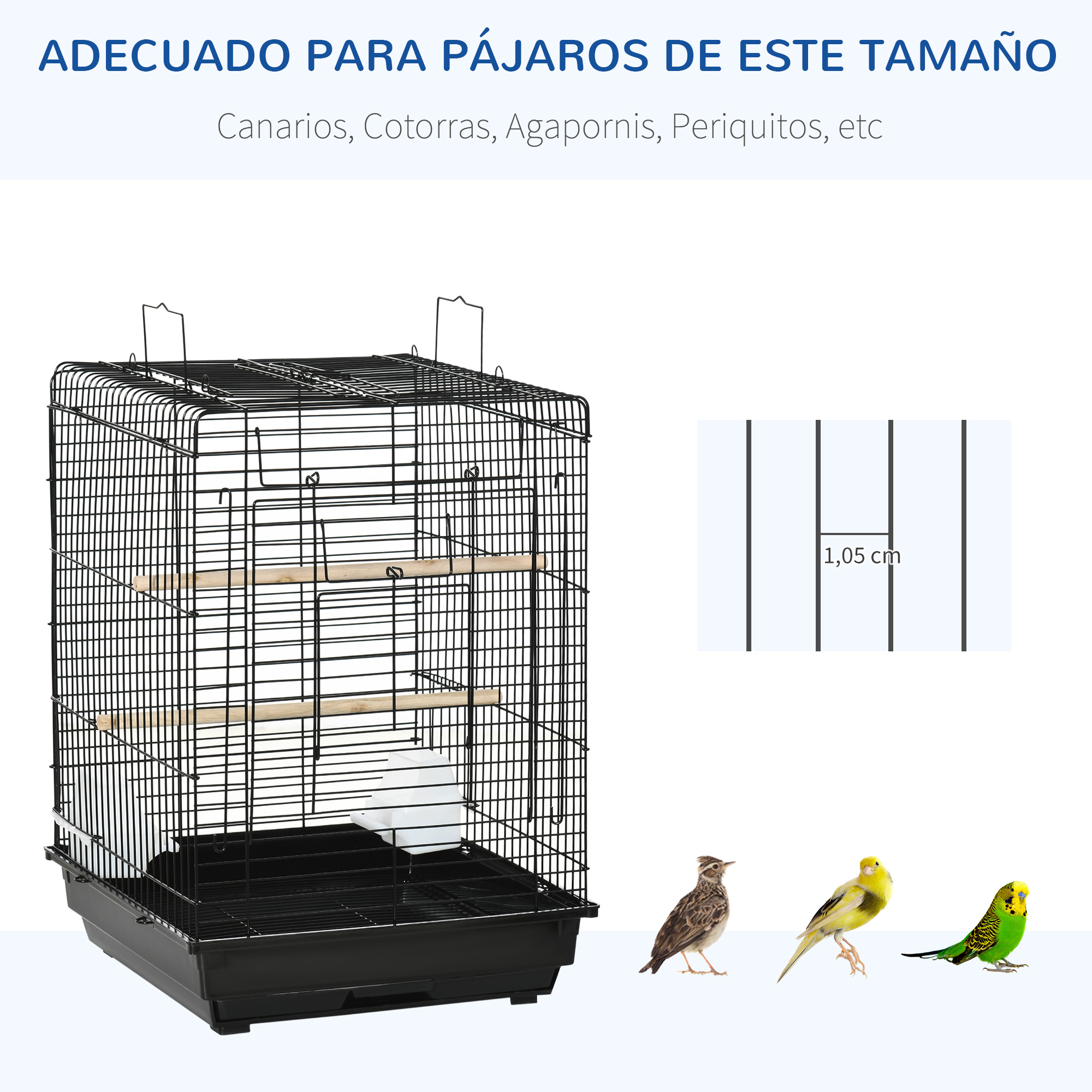 Gaiola para pássaros PawHut, gaiola de metal 40x40x59 cm com teto articulado, 2 poleiros, 2 comedouros e bandeja removível para canários e periquitos, preta.