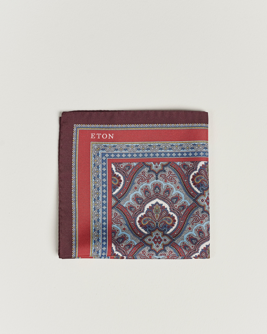 Eton Silk Paisley Print Pocket Square Red